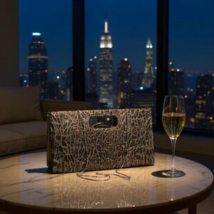 Black & Silver Patent Mock Croc Envelope Clutch Handbag Chain Strap